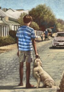 Boy and his Golden Retriever standing in the road by Anna Stone - Soft powder pastel on cotton