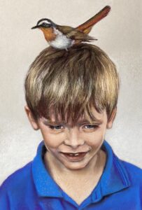 Boy with a Robin on his head by Anna Stone - Soft powder pastel and charcoal on toned Fabriano