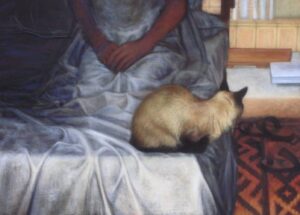 Cat on the corner of the bed by Anna Stone - Charcoal and soft powder pastel on cotton