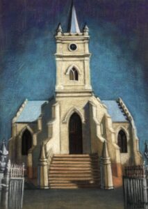 Gates opened to a church by Anna Stone - Soft powder pastel on cotton
