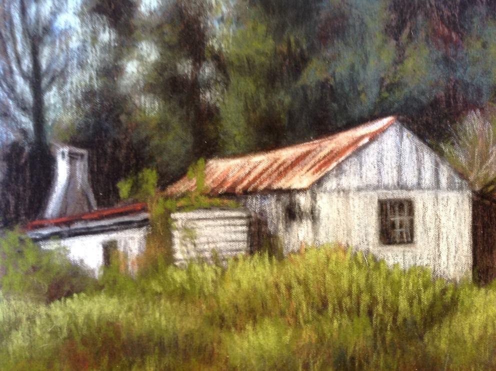 House in the forest by Anna Stone - Charcoal and soft powder pastel on cotton