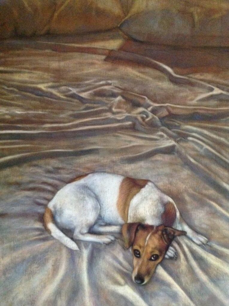 Jack Russel on the bed by Anna Stone - Charcoal, soft powder pastel with gouache on cotton