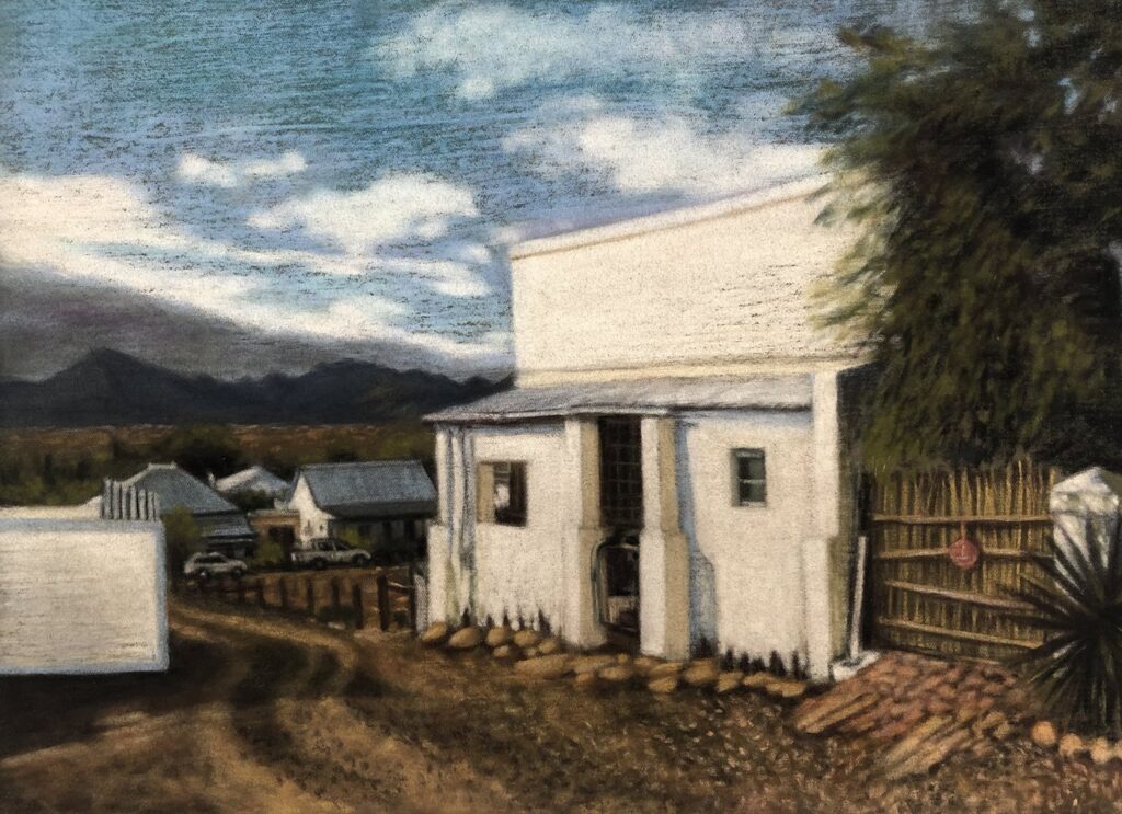 Little white house with mountains and clouds by Anna Stone - Charcoal and soft powder pastel on cotton