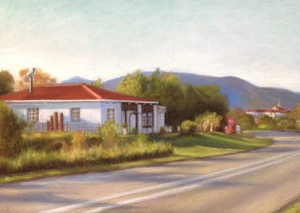 Old house next to a road leading to a town by Anna Stone - Soft powder pastel on Canson paper