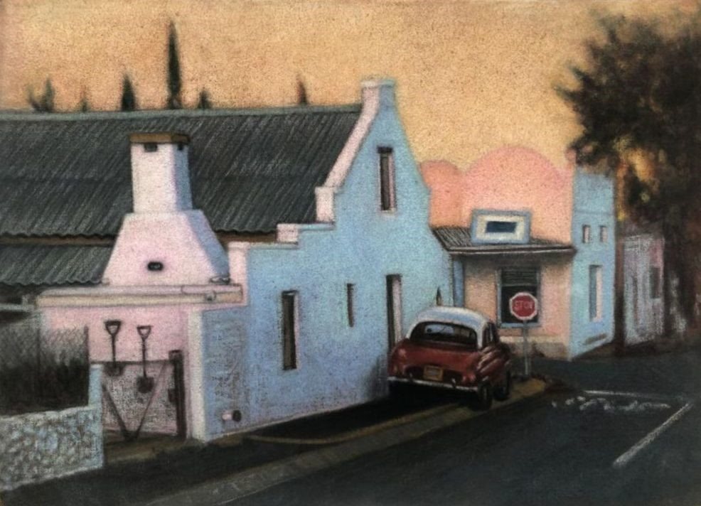 Renault parked next to an old house by Anna Stone - Charcoal and soft powder pastel on cotton