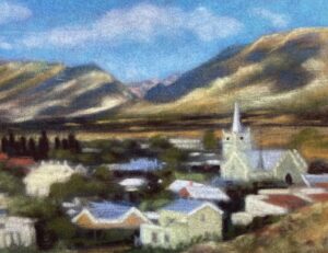 Town and mountains from afar by Anna Stone - Soft powder pastel on cotton