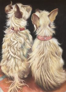 Two little dogs sitting together by Anna Stone - Soft powder pastel on toned Fabriano