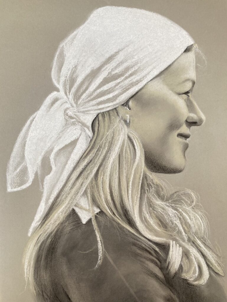 Woman in a white bandana by Anna Stone - Charcoal and soft powder pastel on toned Fabriano