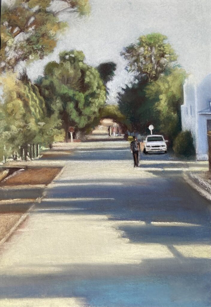 Pedestrians and a car parked under trees by Anna Stone - Soft powder pastel on toned Fabriano