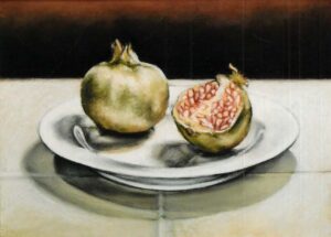 Two pomegranates on a plate by Anna Stone - Charcoal and soft powder pastels on Canson paper