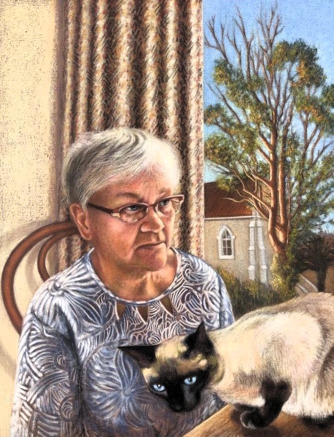 Woman and her cat by the window by Anna Stone - Soft powder pastel and gouache on cotton