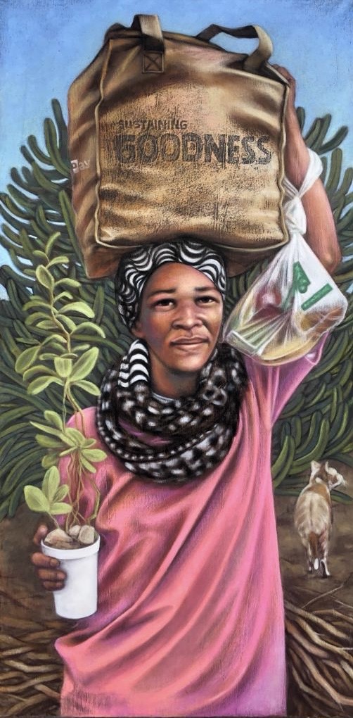 Woman with bag on her head by Anna Stone - Soft powder pastel and gouache on cotton